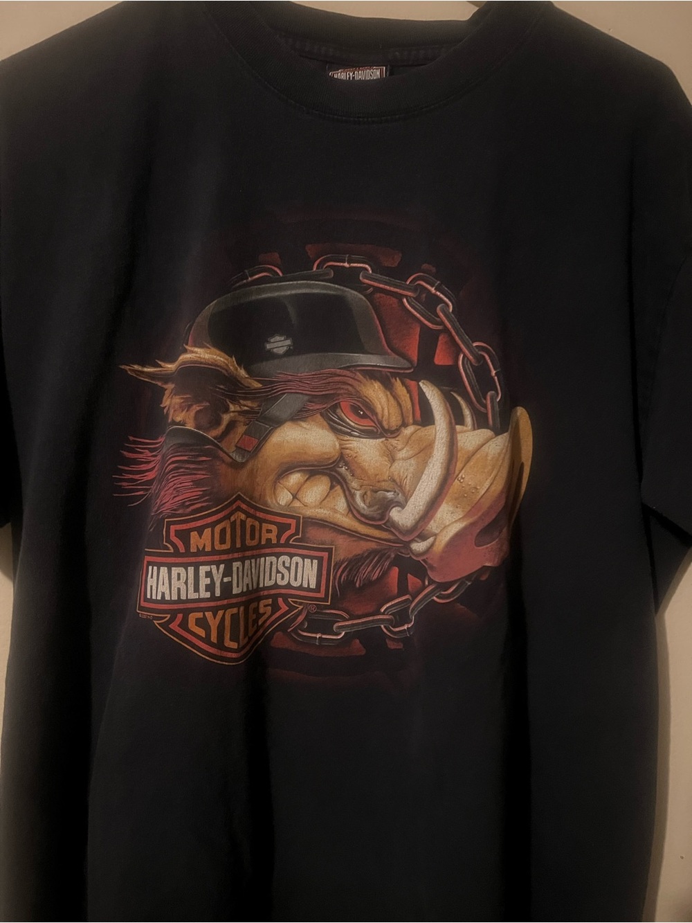 Harley-Davidson Black Tee with Boar Helmet Graphic and Chain Accent